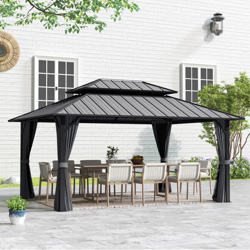 Double Roof Hardtop Metal Patio Gazebo with Curtains and Netting, Gray, Gray, 77.2"H x 168"W x 122.4"D