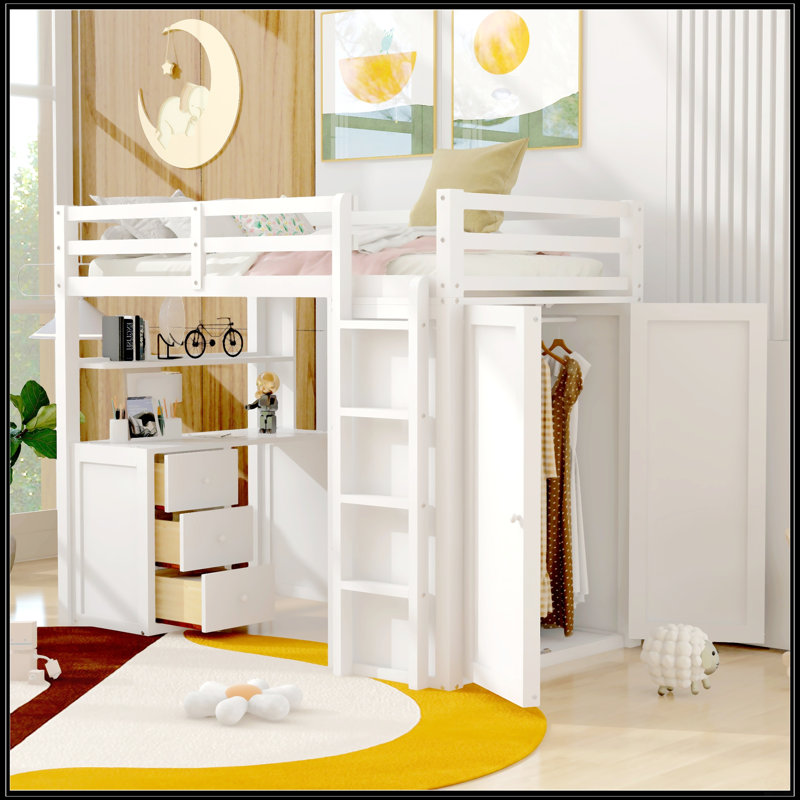 Twin Size Loft Bed With Drawers, White