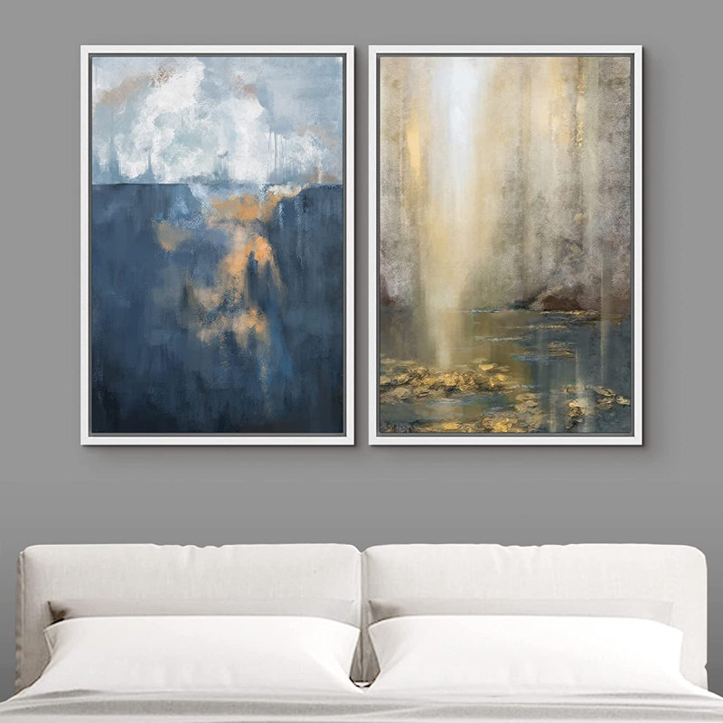 Ensemble de 2 peintures encadrées sur toile, H 24 po x l 32 po x P 1,5 po, Blanc