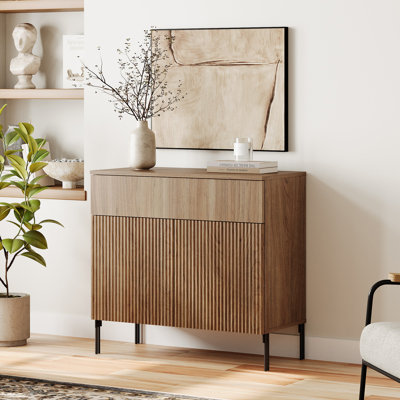 Union Rustic 31.5" Reeded Accent Cabinet With 2 Doors And Drawer, Modern Credenza Storage Cabinet With Metal Legs For Living Room, Kitchen, Dining Room, Hallway