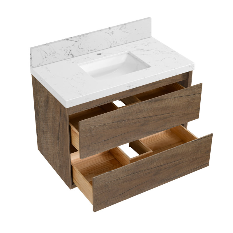 Meuble-lavabo mural de 36 pouces avec tiroirs flottants muraux en pierre reconstituée avec lavabo, Brun, 36"