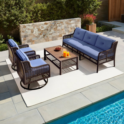 94" PE Wicker 5-Piece Outdoor Conversation Set with Swivel Chairs & Weatherproof Cushions, 400lb/Sofa