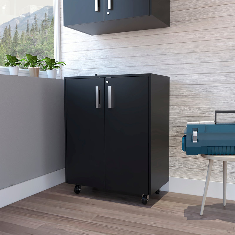 Armoire de rangement, roulettes, porte double, deux tablettes intérieures - noir