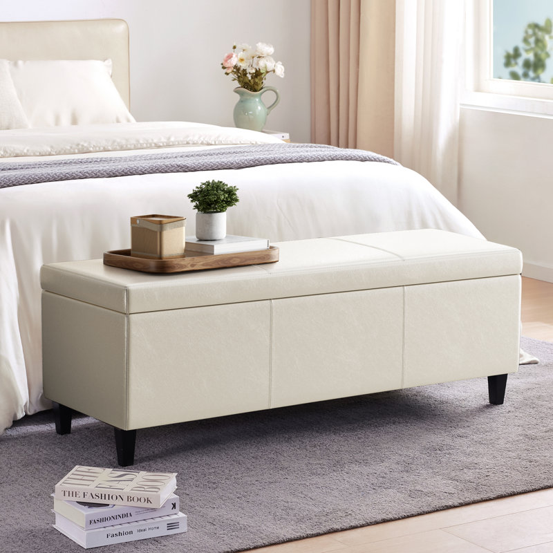 Faux Leather Upholstered Bench with Flip Top, Cream