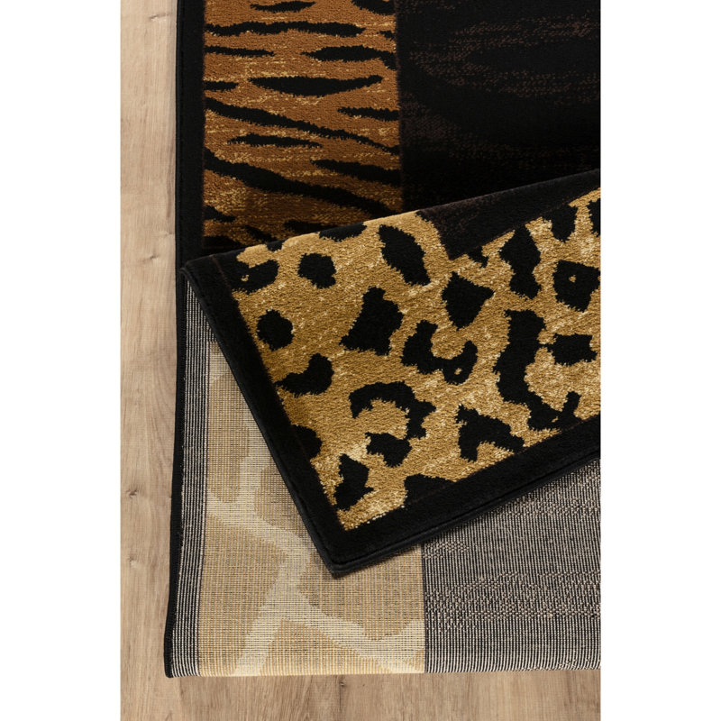 Tapis noir à imprimé animal multicolore 31 po X 87 en polypropylène fabriqué à la machine pour les salons de style chalet