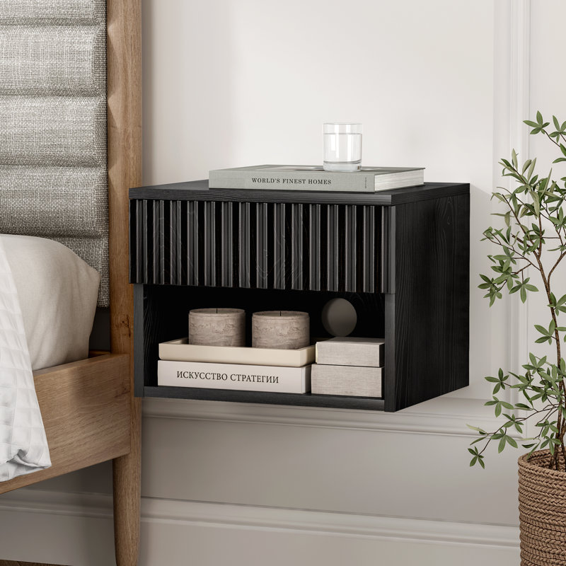 Drawer Wall-Mounted Nightstand With Open Cubby, Black, Individual