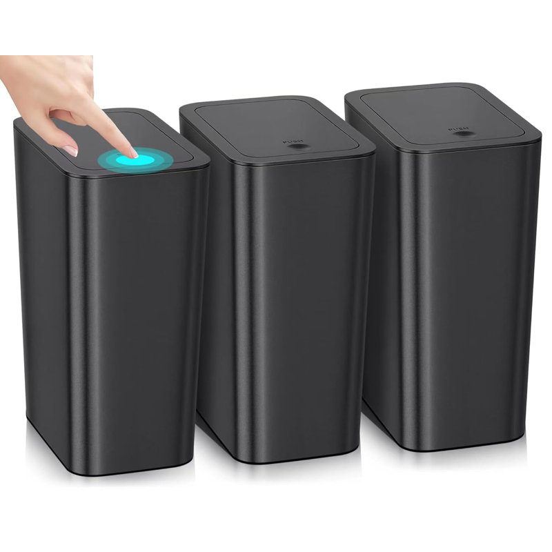 Black Slim Plastic Trash Can with Lid, 10 Liter, 3 Pack