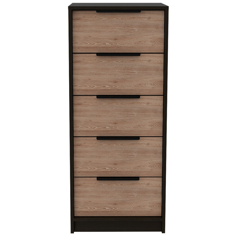 Commode verticale H 42 po, 5 tiroirs, commode verticale, noir / chêne clair, Noir / brun