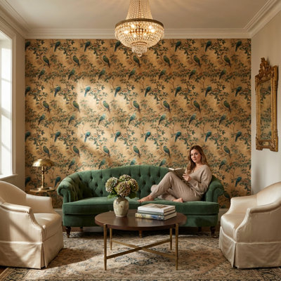 Floral Wallpaper Birds Gold Decorative Mural