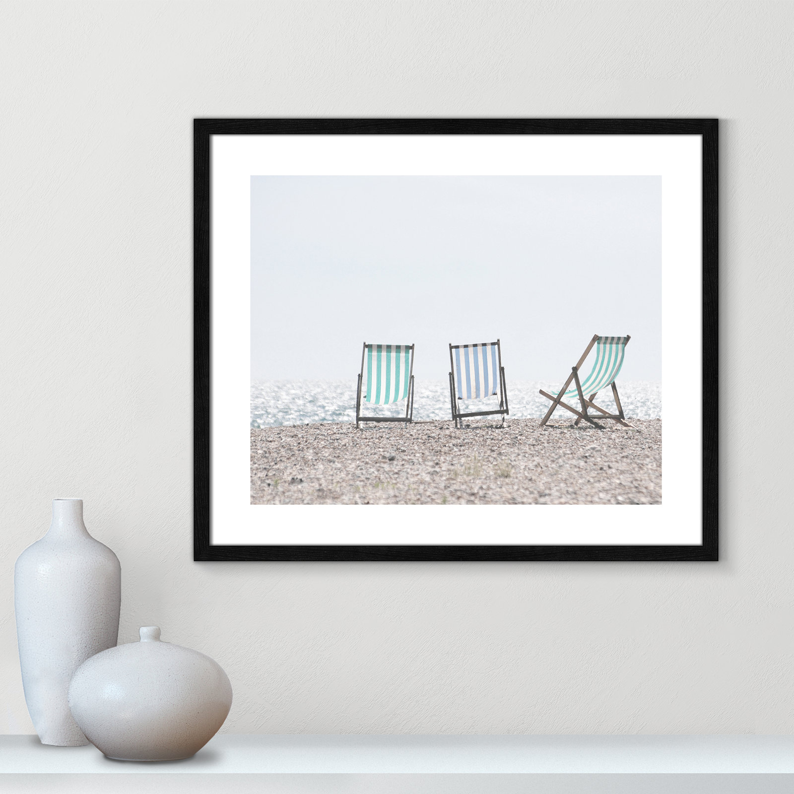 Adriatica "Beach Chairs" Print, 21.5" H x 25.5" W x 0.75" D, Black Wood Grain Framed Paper