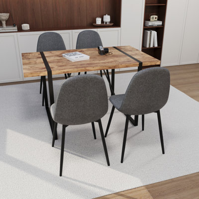 55" MDF Dark Wood Dining Table And Modern Dining Chair Set Of 4 Pieces, Medieval Wooden Kitchen Dining Table Set, Black Rectangular Metal Base, Dining