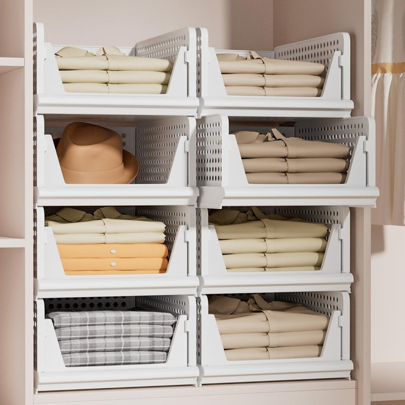 Paniers de rangement empilables en plastique - Organisateurs de placard et de tiroir pliables pour le salon, la salle de bain, la cuisine et le bureau