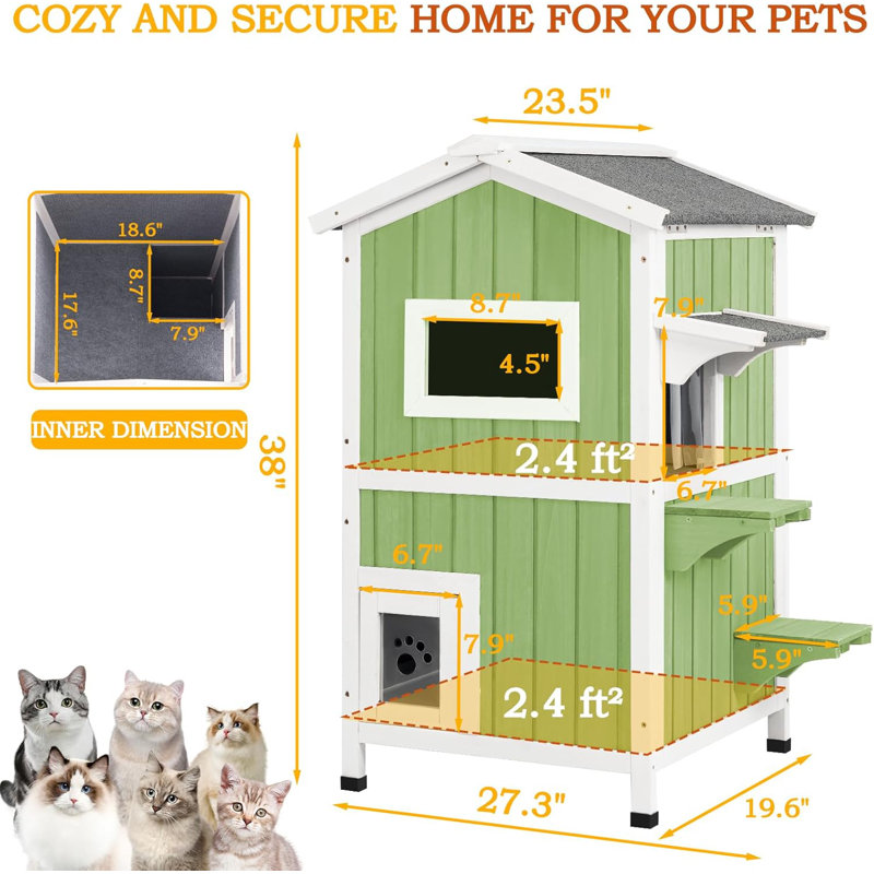 Insulated Outdoor Cat House, Weatherproof 2-Story Feral Shelter with Escape Doors, Green
