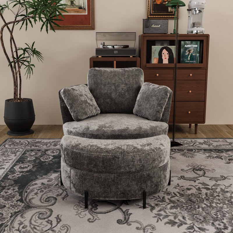 Fauteuil demi-tonneau pivotant moderne surdimensionné avec repose-pieds avec rangement, Gris chenille