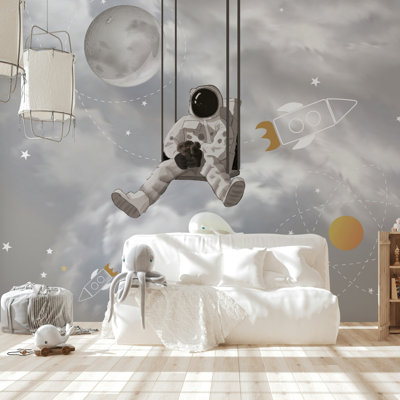 Astronaut Swing Cloudy Sky Kids Wallpaper