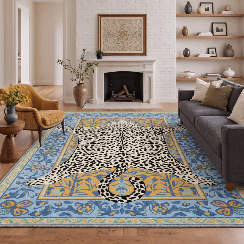 Tapis bleu / jaune / beige lavable à la machine Alinda, Rectangulaire 8 pi x 10 pi