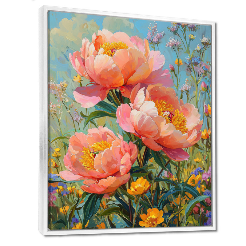 Pivoines dans la fleur sauvage, patch II - pivoines, art mural, H 20 po x l 12 po, Reproduction avec cadre flottant, Blanc