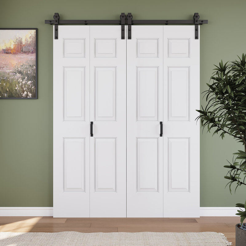 Porte de grange pliante à 6 panneaux en MDF résistant à l'eau, 64 po x 84 po, avec quincaillerie incluse et panneaux préassemblés (idéale pour les placards, garde-manger, buanderies, salles de bain et autres petites pièces).
