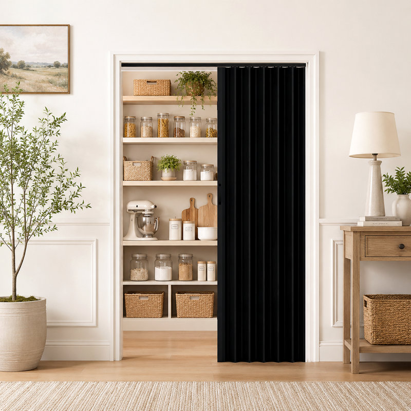 Porte pliante accordéon intérieure en PVC 36 po x 80 po à couche simple en PVC noir avec roulettes améliorées, quincaillerie complète et poignées, idéale pour les portes de placard et de salle de bain