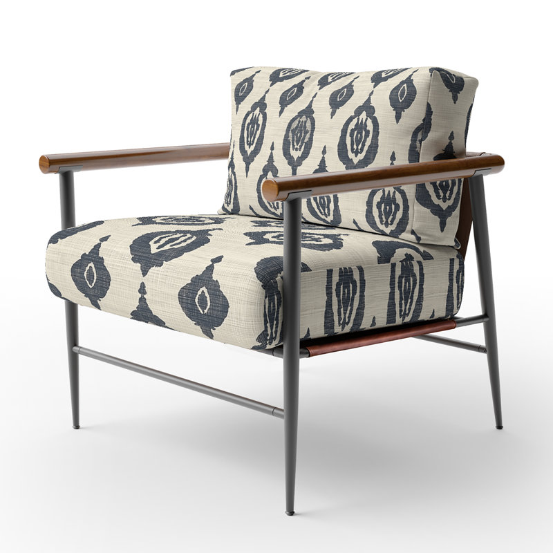 Chaise rembourrée Country Farmhouse - Fauteuil Ikat, Bras ronds bruns