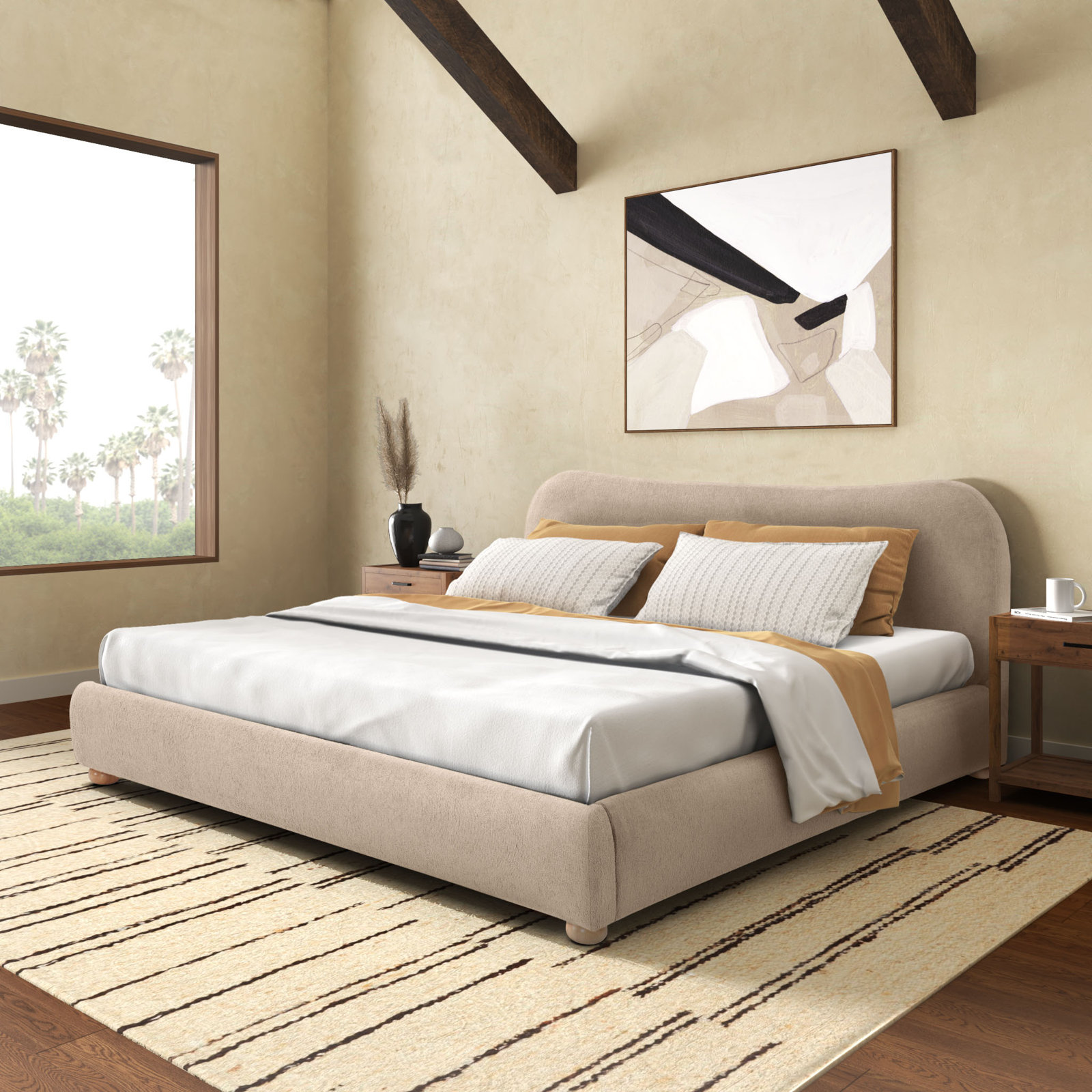 Liza Upholstered Bed, Queen, Light Brown Boucle