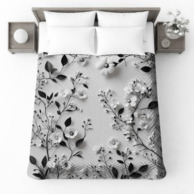 Black Floral Pattern Quilted Bedspread All Sizes