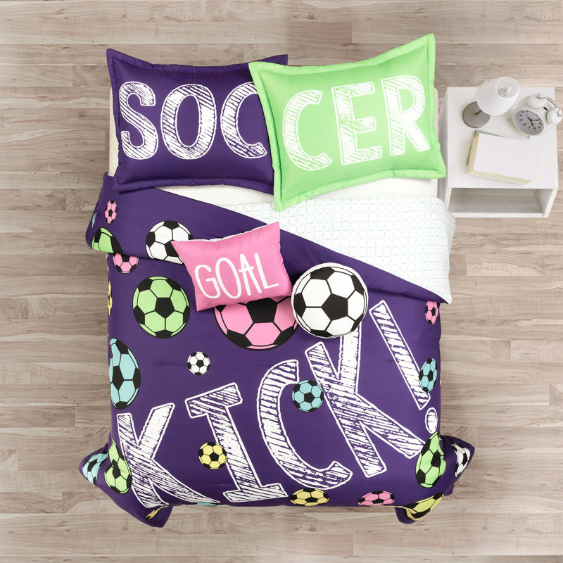Édredon réversible surdimensionné pour filles Soccer Kick, Mauve / rose, Édredon de grand lit + 4 pièces additionnelles