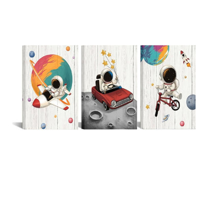 Astronaut Space Adventure Canvas Prints, Set of 3, Red, 16 × 12 inch, Nursery