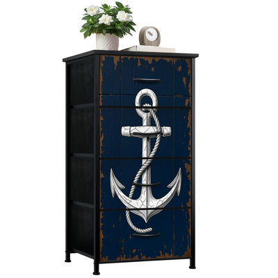 Commode pour chambre à coucher avec 4 tiroirs de rangement Casque nautique Casque de boussole Phare de style rustique Ancre de plage Commode à commode en acier