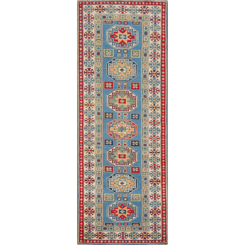 Tapis de couloir bleu fait à la main Kazak 3 x 10