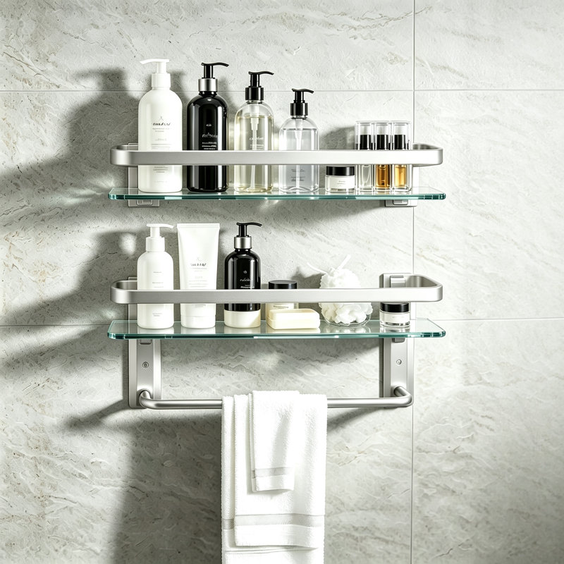 2-Tier Tempered Glass Wall Shelf 15.7 Inch with Towel Bar, Rustproof Metal Floating Storage Rack for Bathroom Kitchen Bedroom