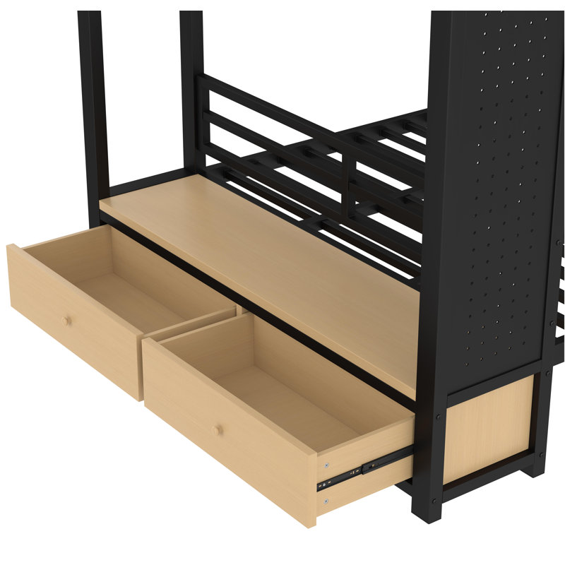 Metal Bunk Bed for Teens with Storage Shelves ,Drawers and Pegboard,Black, Full Over Full