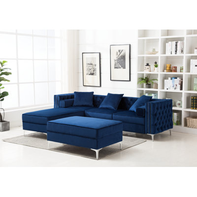 Marciano 104" Wide Velvet Reversible Modular Sofa & Chaise with 2 Ottoman