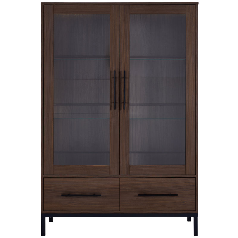 60" High Display Cabinet with 2 Storage Drawers Pantry with Glass Door and LED Lighting, Walnut