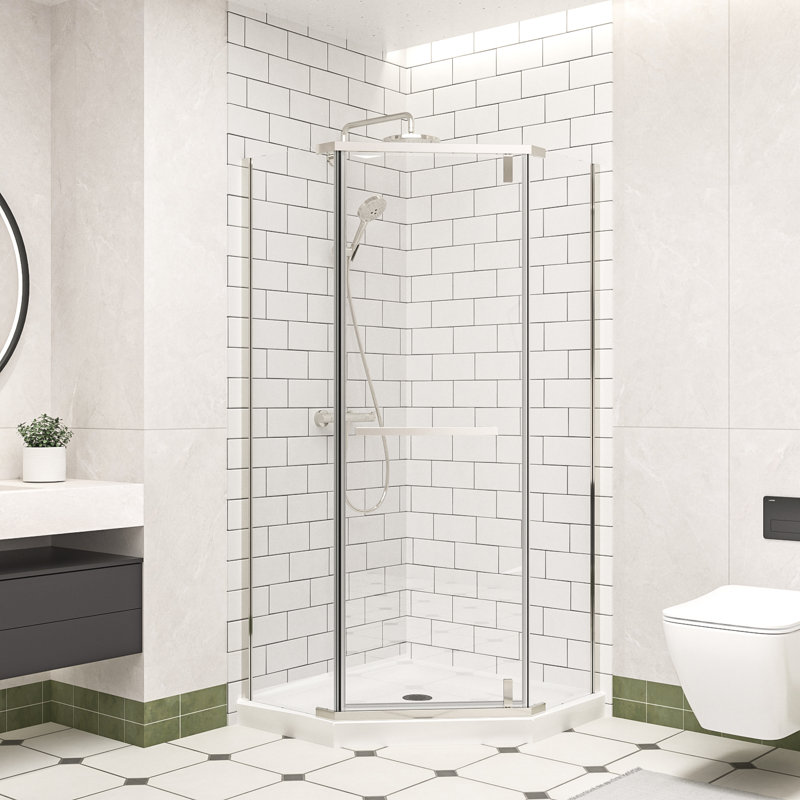 Cabine de douche à pivot 36 po x l 36 po x H 72 po avec verre trempé transparent de 1/4 po, cabine de douche sans cadre avec film antidéflagrant et revêtement nano, porte de douche néo-angle au fini chromé, installation réversible