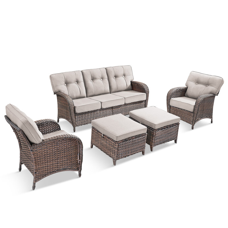 Ensemble de conversation d'extérieur en osier pour 7 personnes avec coussins et 2 chaises longues Teebeck, Beige