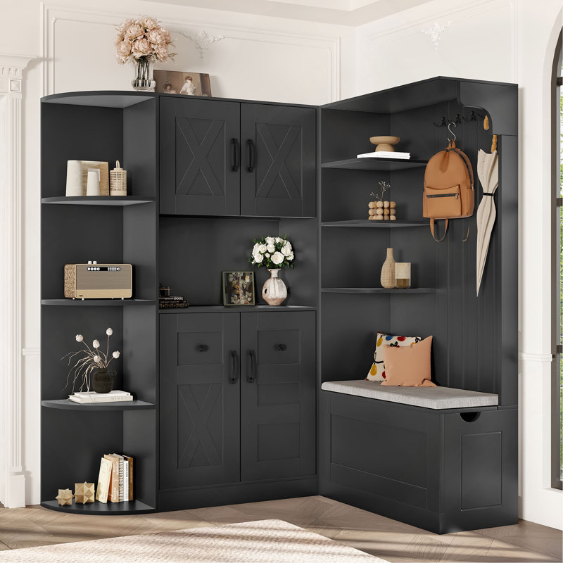 Multifunctional Left-Right Combination Hall Cabinet (Can Be Used Separately) With Storage And 4 Hooks, Storage Cabinet/ Hall Tree 2 In 1 For Living Room, Kitchen And Hallway