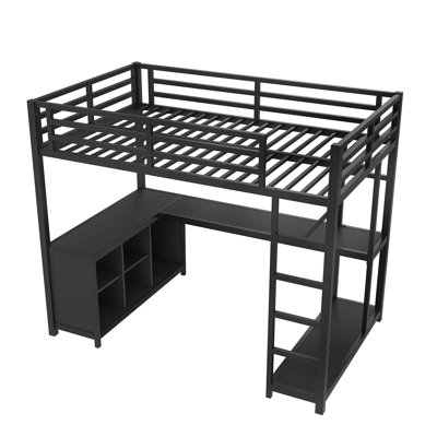 Loft Bed With Wardrobe And L-Shaped Desk, Metal Loft Bed For Kids And Teens