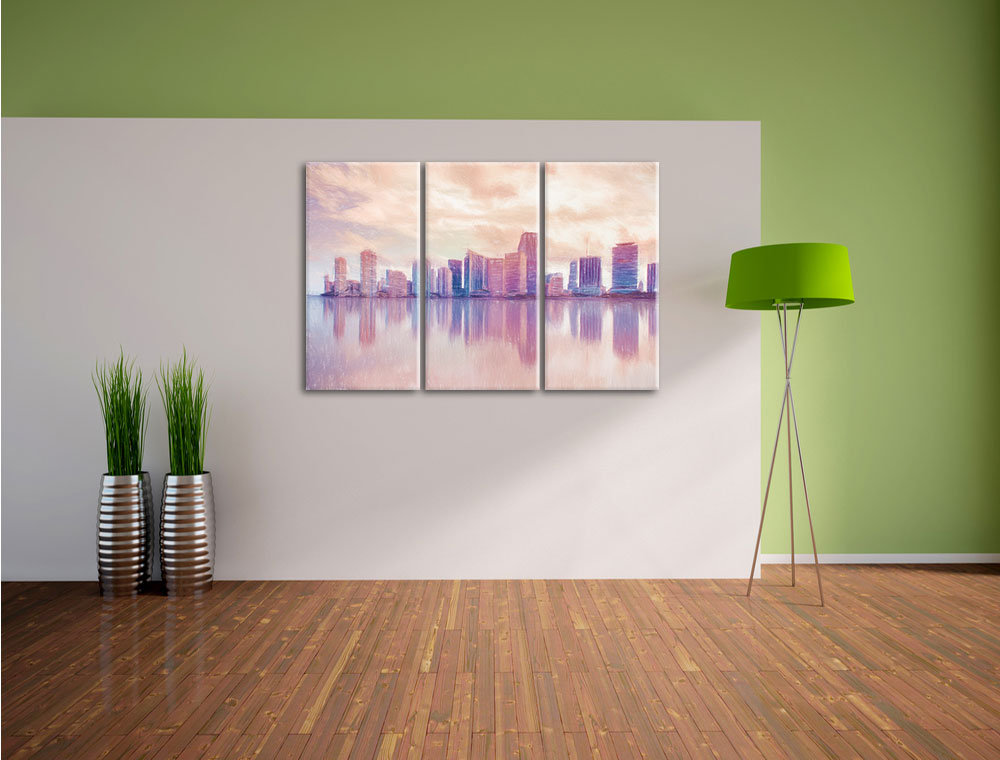 3-tlg. Leinwandbilder-Set „Miami Florida Skyline bei Sonnenuntergang“, Grafikdruck