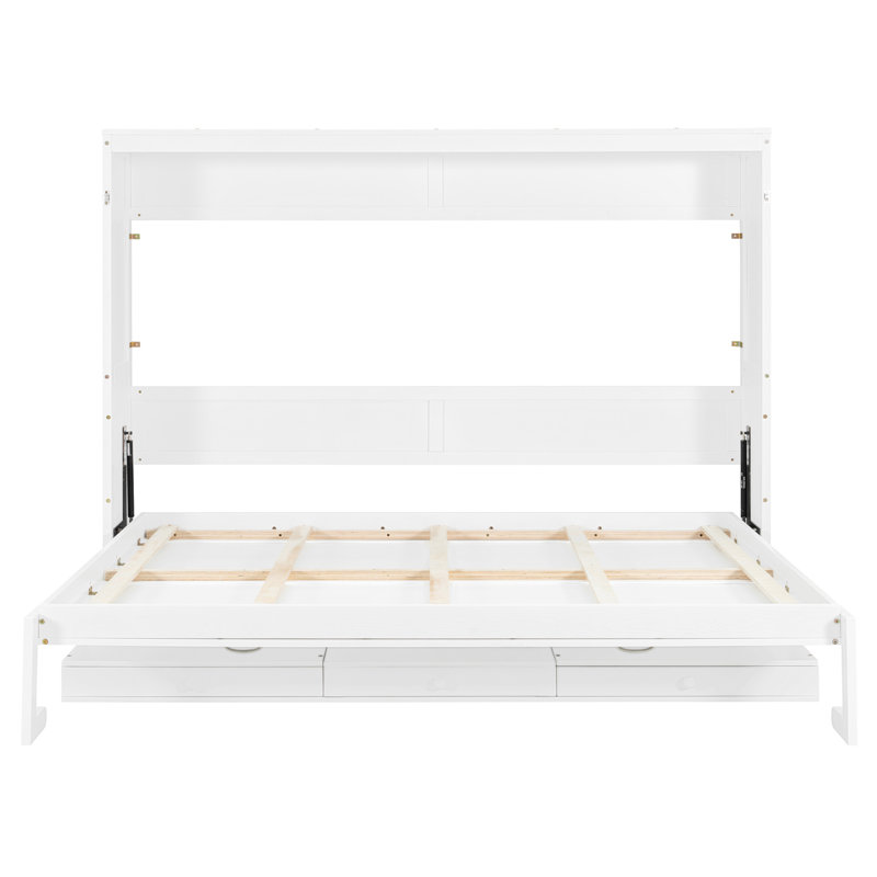 Grand lit escamotable mural avec rangement, armoire-lit pliable avec coiffeuse, miroir central et 2 tiroirs latéraux, White
