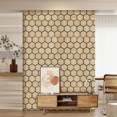 Panneaux muraux acoustiques hexagonaux 3D en chêne blanc, 29 po x 23,8 po, à monter soi-même, placage en bois naturel, décoratifs et insonorisants (ensemble de 4)