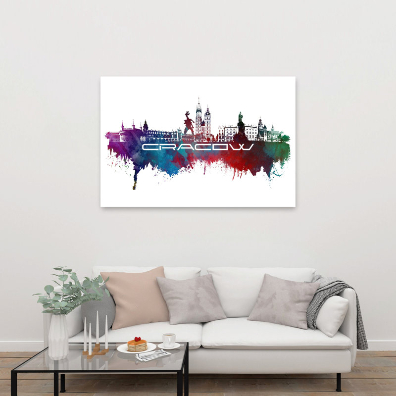 «Krakow Skyline Watercolor Colorful Modern Vibrant Architecture City Art mural», 40" H x 60" W
