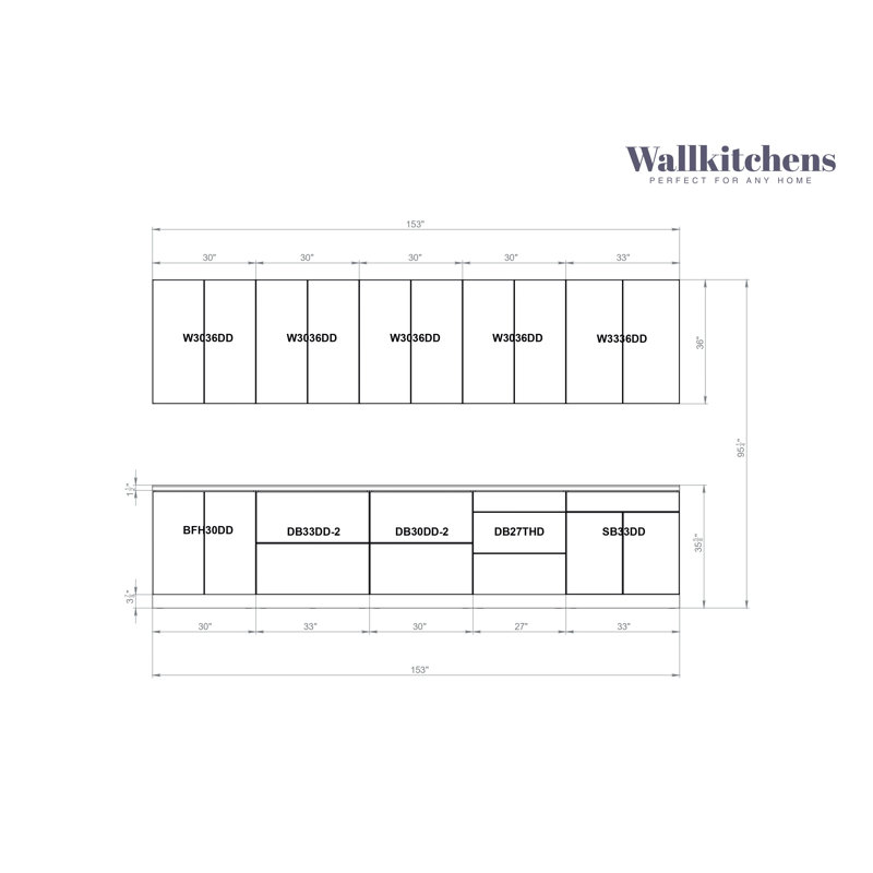 Cuisine complète moderne en panneau de fibres à densité moyenne l 153 po x P 24 po x H 96 po WALLKITCHENS 