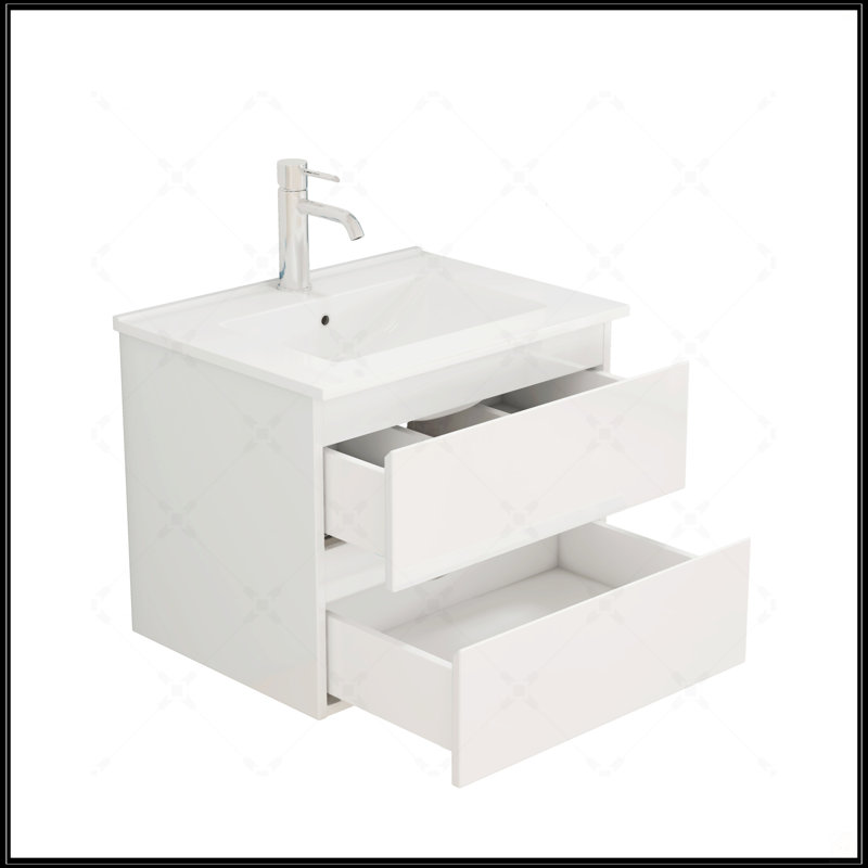Ensemble de meuble-lavabo 24 po avec lavabo, deux grands tiroirs, système de fermeture en douceur, conception sans poignée, finition blanc brillant