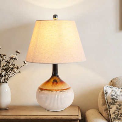 26" Vintage Brown Ribbed Ceramic Table Lamp With Beige Linen Shade, Bedside Lamp For Farmhouse Living Room Decor