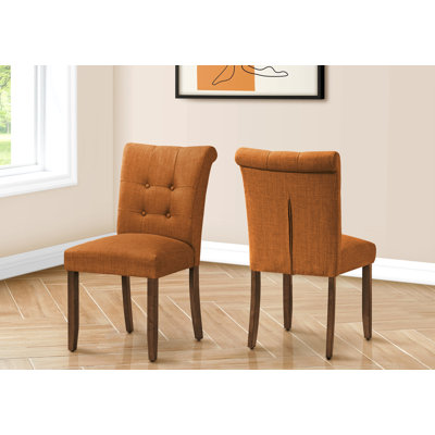 Chaise de salle à manger, hauteur 38 po, ensemble de 2, rembourrée, salle à manger, côté, cuisine, tissu orange, pieds en bois de noyer, moderne