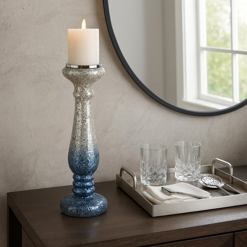 Decorative Ombre Crackled Candle Holder for Mantle Decor - Modern Elegant Tabletop Candle Holder for Any Occasion Accent