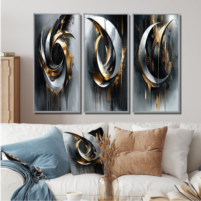 Formes et lignes abstraites noires et dorées I - Collection de 3 grands panneaux modernes sur toiles