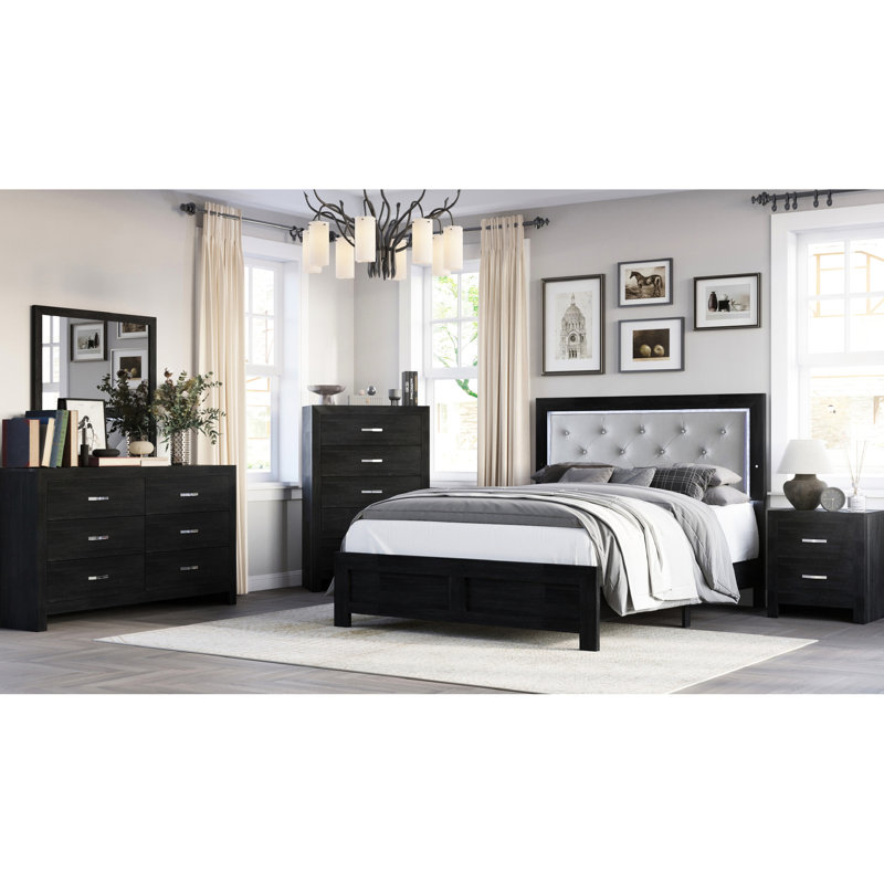 Grand lit noir en similicuir avec tête de lit - Revêtement gris, bouton, DEL, éclairage de chambre à coucher en bois de style moderne, cuir, bois