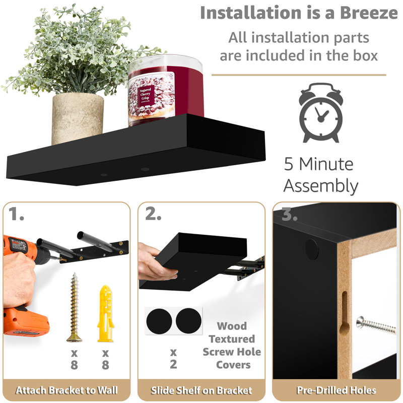 Black Wood Floating Wall Shelves Set for Living Room and Bathroom